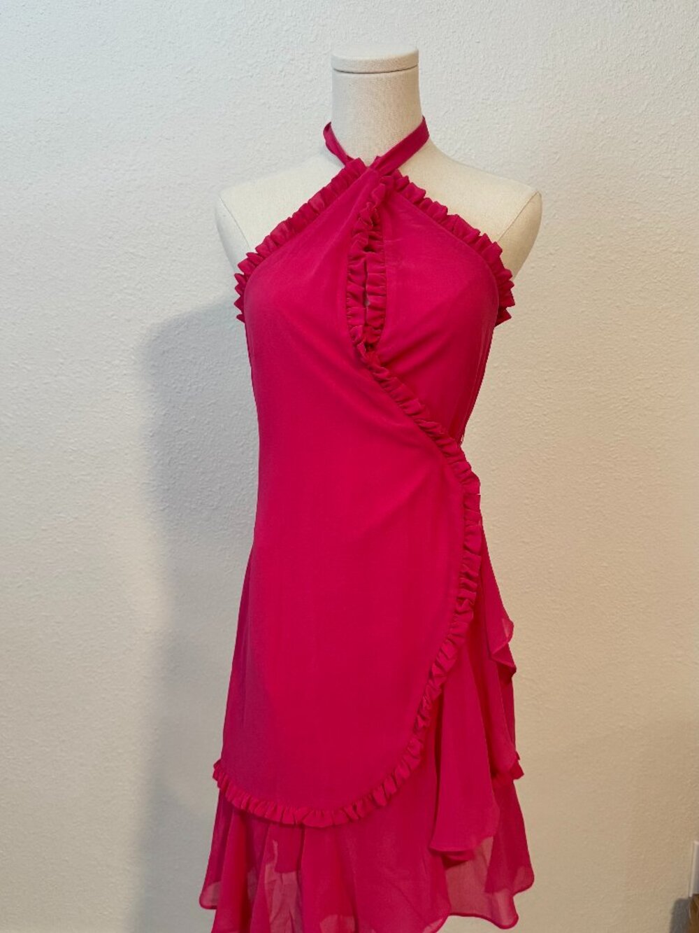 WAYF Magenta Ruffle Trim Halter Wrap Dress Sz S
